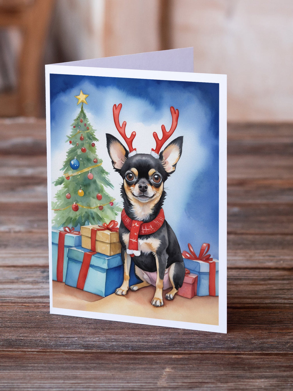 Black and Tan Chihuahua Christmas Reindeer Greeting Cards Pack of 8 Blank Cards with Envelopes Whimsical A7 Size 5x7