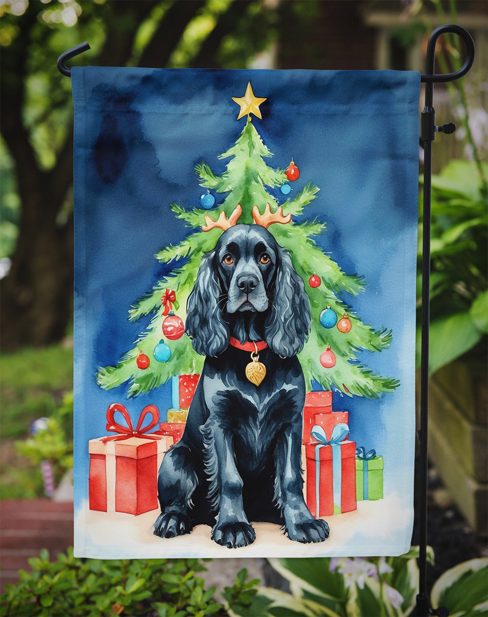 Black Cocker Spaniel Christmas Reindeer Garden Flag Mailbox Decorative Yard Banner Outside Patio Artwork for Flower Beds, Garden Size, Multicolor