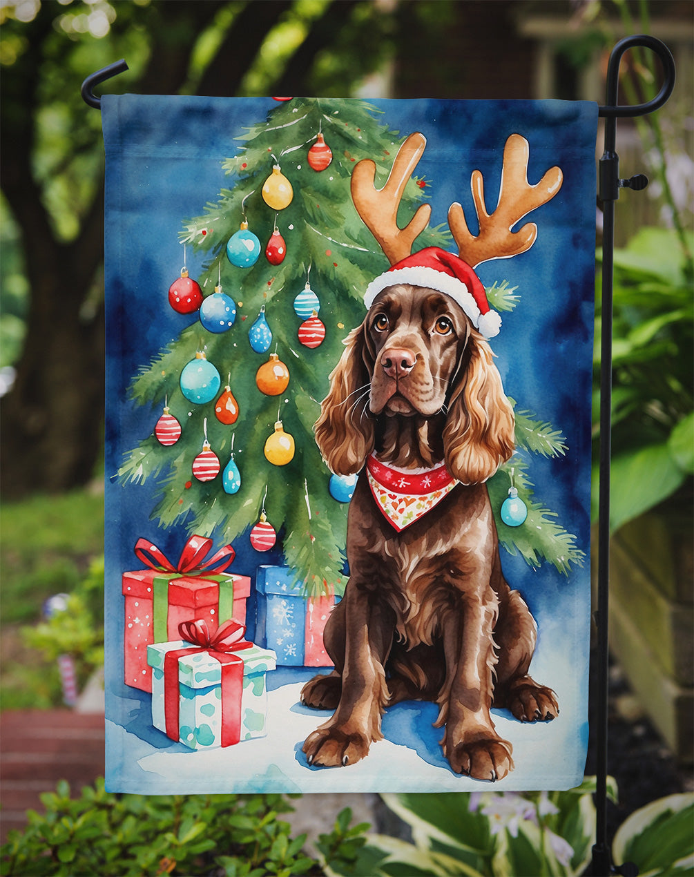 Chocolate Cocker Spaniel Christmas Reindeer Garden Flag Mailbox Decorative Yard Banner Outside Patio Artwork for Flower Beds, Garden Size, Multicolor