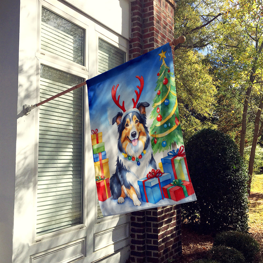 Collie Christmas Reindeer House Flag 28x40 Porch Sleeve Pole Decorative Outside Yard Banner Artwork Wall Hanging, Polyester