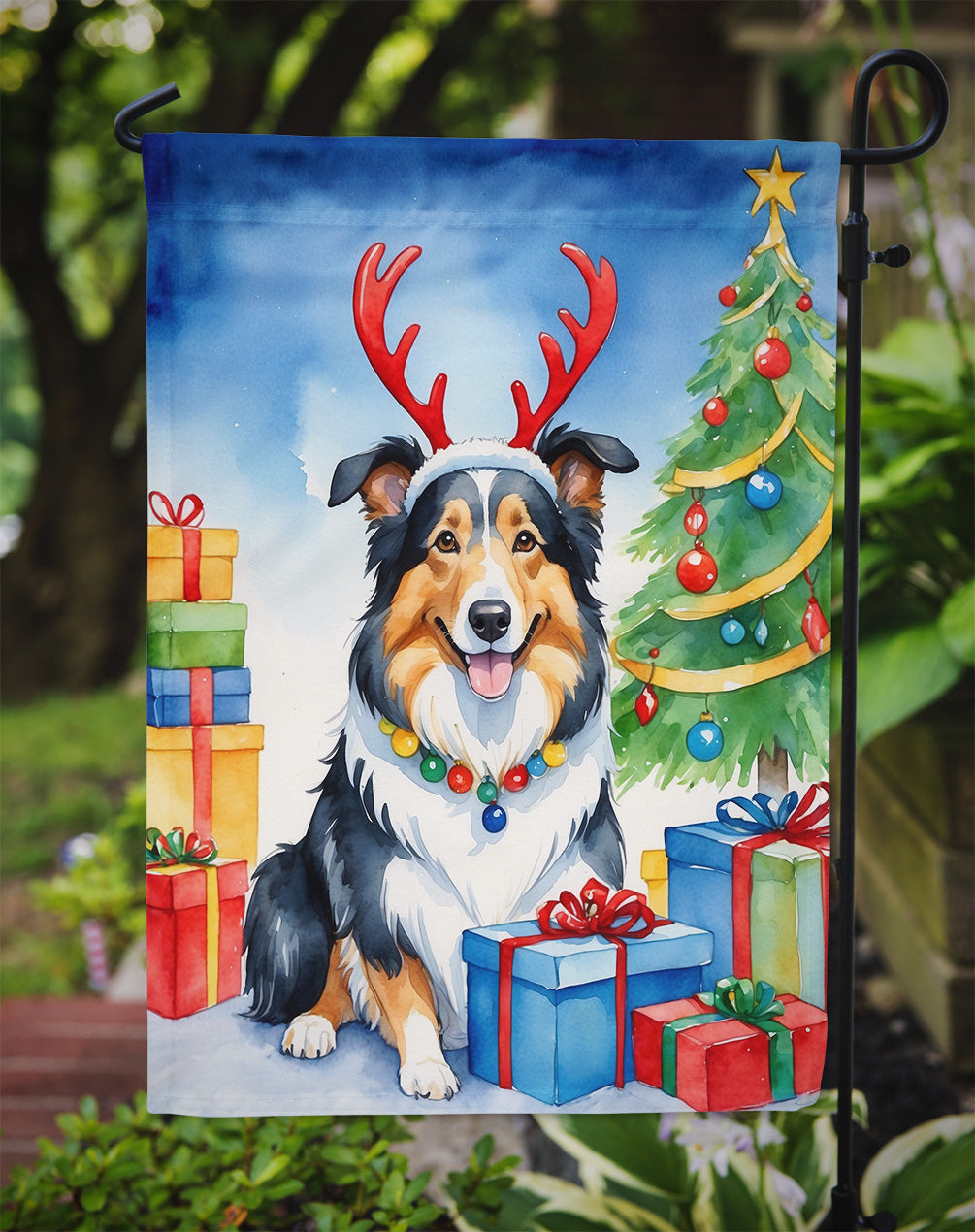 Collie Christmas Reindeer Garden Flag Mailbox Decorative Yard Banner Outside Patio Artwork for Flower Beds, Garden Size, Multicolor