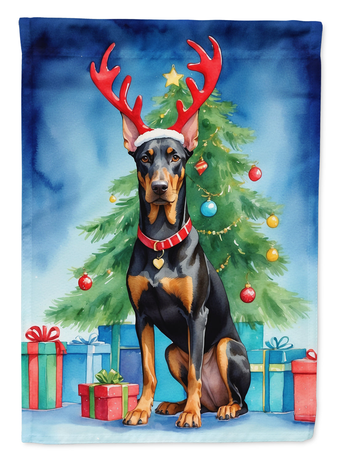 Doberman Pinscher Christmas Reindeer House Flag 28x40 Porch Sleeve Pole Decorative Outside Yard Banner Artwork Wall Hanging, Polyester