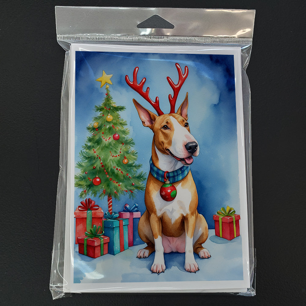 Bull Terrier Christmas Reindeer Greeting Cards Pack of 8 Blank Cards with Envelopes Whimsical A7 Size 5x7
