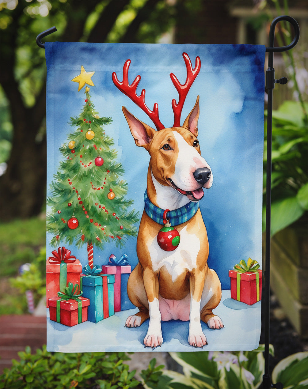 Bull Terrier Christmas Reindeer Garden Flag Mailbox Decorative Yard Banner Outside Patio Artwork for Flower Beds, Garden Size, Multicolor