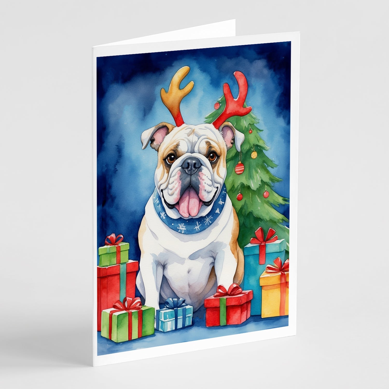 White English Bulldog Christmas Reindeer Greeting Cards Pack of 8 Blank Cards with Envelopes Whimsical A7 Size 5x7