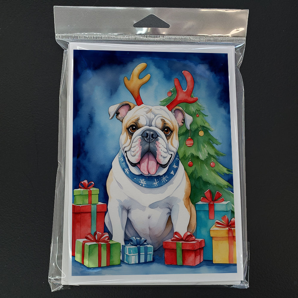 White English Bulldog Christmas Reindeer Greeting Cards Pack of 8 Blank Cards with Envelopes Whimsical A7 Size 5x7