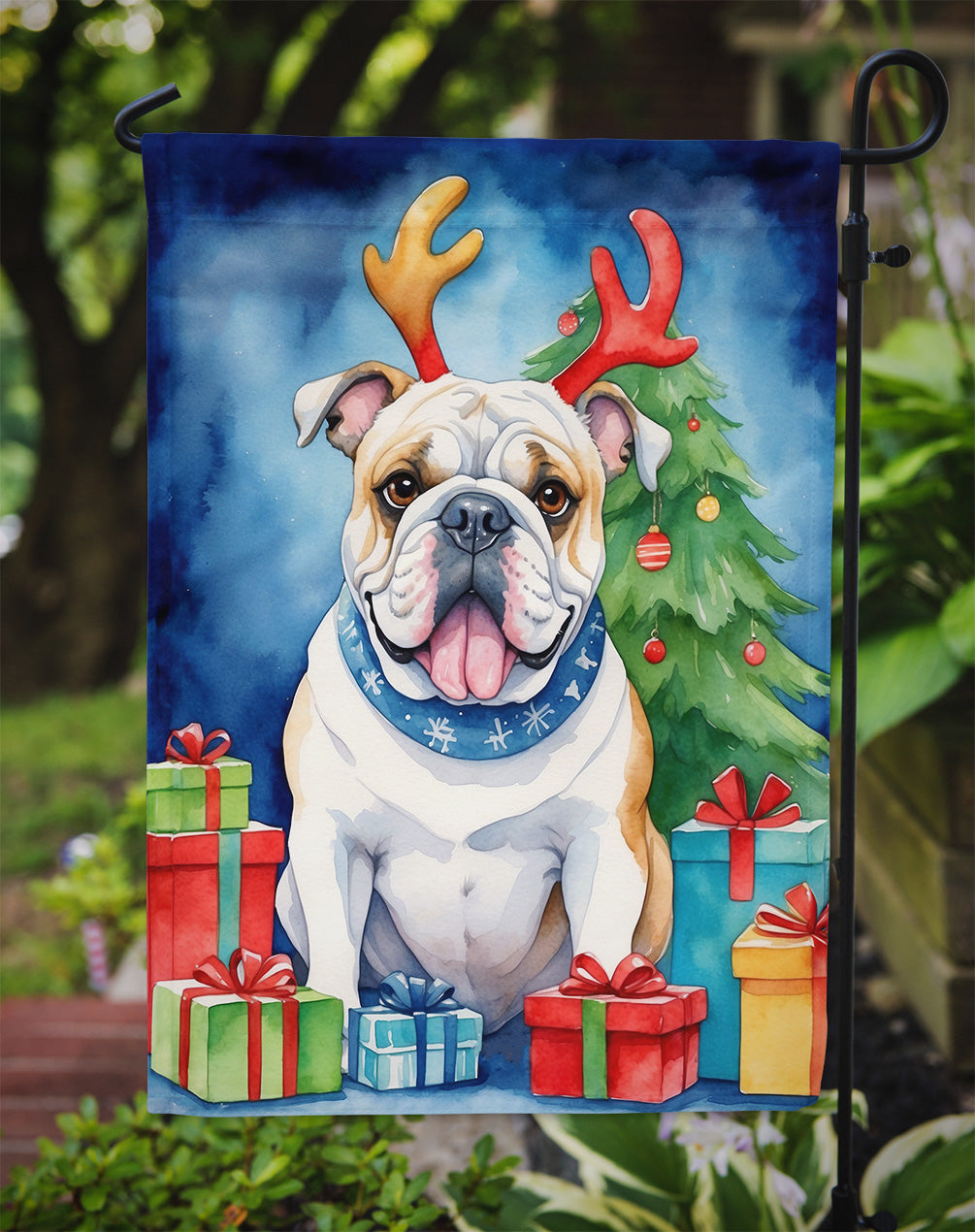 White English Bulldog Christmas Reindeer Garden Flag Mailbox Decorative Yard Banner Outside Patio Artwork for Flower Beds, Garden Size, Multicolor