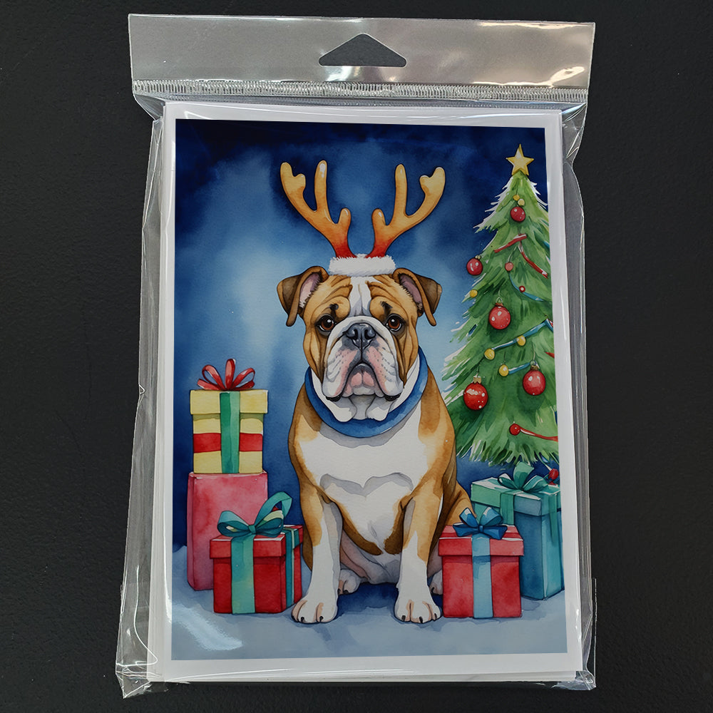 English Bulldog Christmas Reindeer Greeting Cards Pack of 8 Blank Cards with Envelopes Whimsical A7 Size 5x7