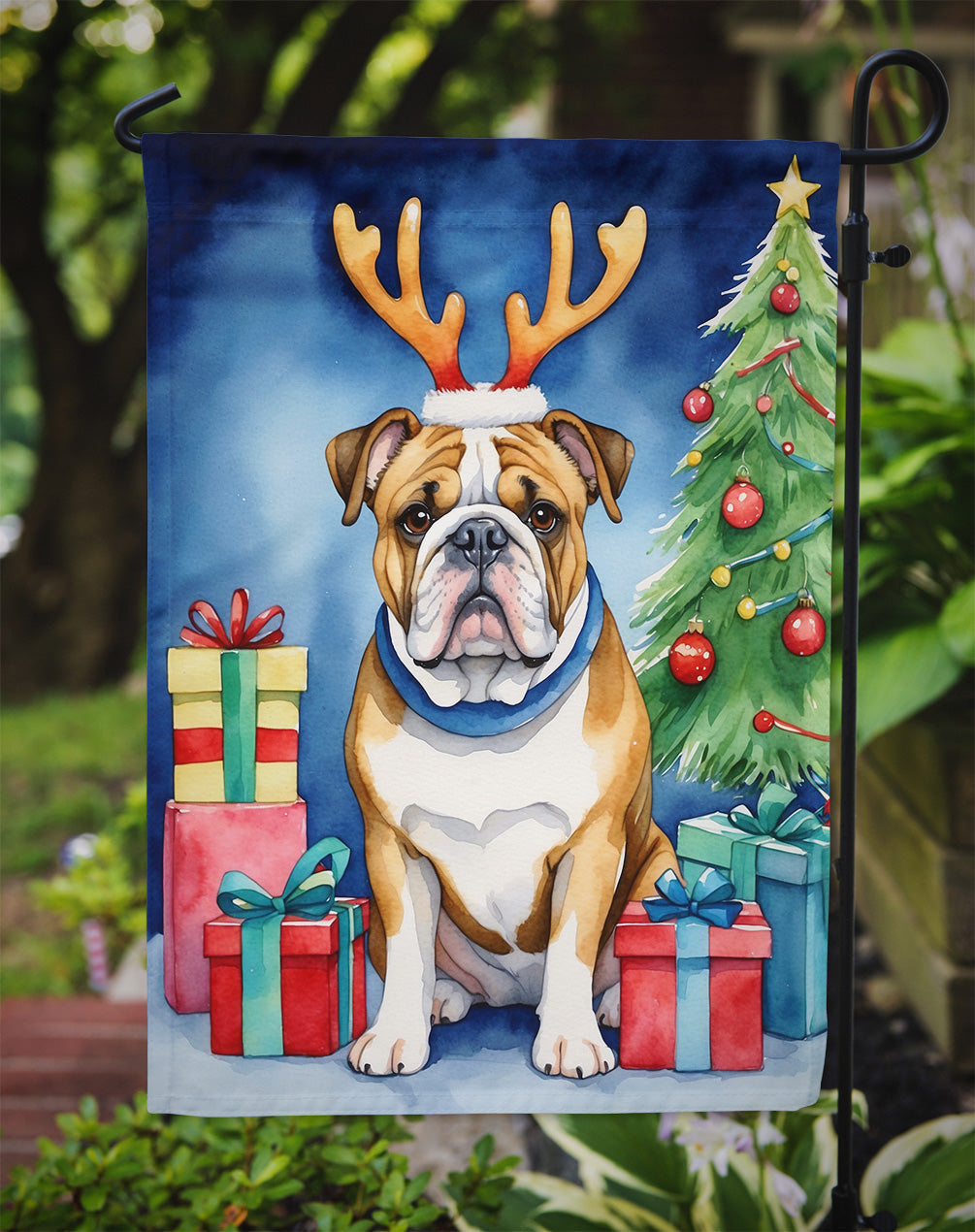English Bulldog Christmas Reindeer Garden Flag Mailbox Decorative Yard Banner Outside Patio Artwork for Flower Beds, Garden Size, Multicolor