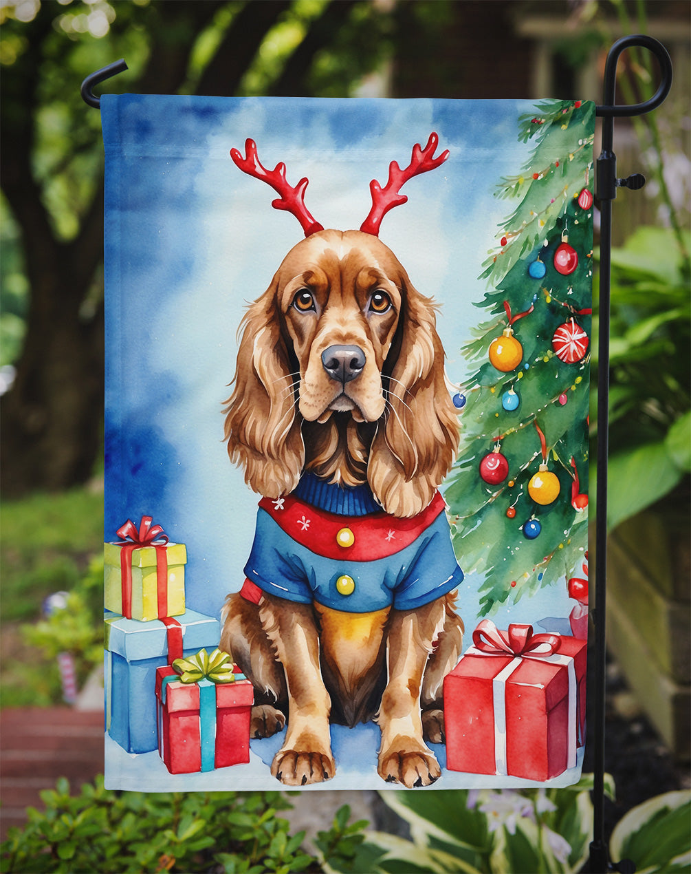 English Cocker Spaniel Christmas Reindeer Garden Flag Mailbox Decorative Yard Banner Outside Patio Artwork for Flower Beds, Garden Size, Multicolor