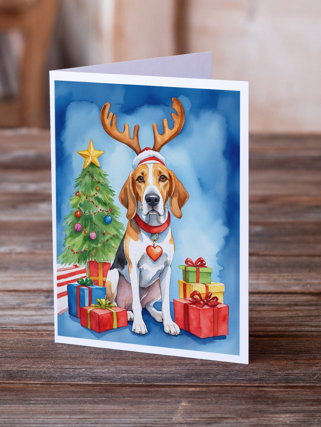 English Foxhound Christmas Reindeer Greeting Cards Pack of 8 Blank Cards with Envelopes Whimsical A7 Size 5x7