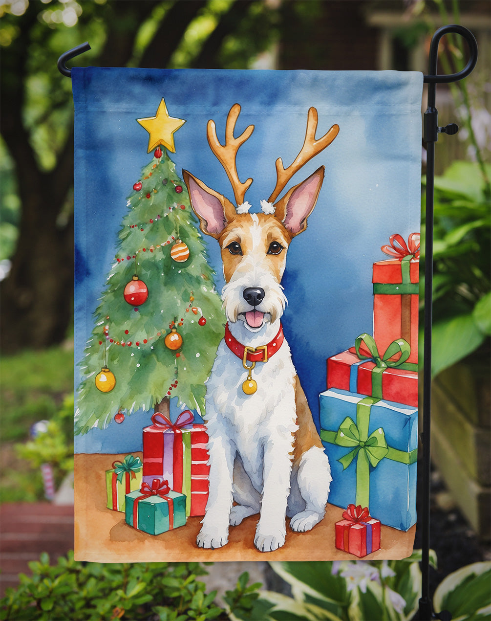 Fox Terrier Christmas Reindeer Garden Flag Mailbox Decorative Yard Banner Outside Patio Artwork for Flower Beds, Garden Size, Multicolor