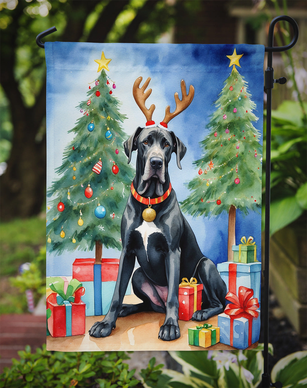 Black Great Dane Christmas Reindeer Garden Flag Mailbox Decorative Yard Banner Outside Patio Artwork for Flower Beds, Garden Size, Multicolor