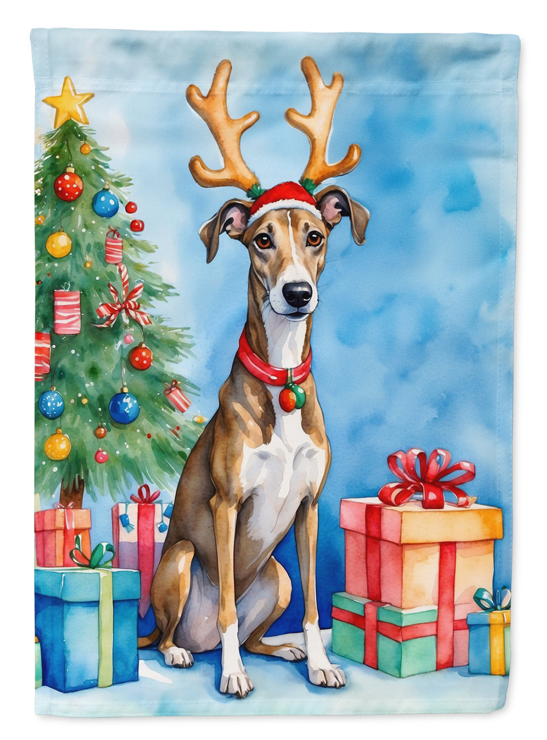 Brindle Greyhound Christmas Reindeer House Flag 28x40 Porch Sleeve Pole Decorative Outside Yard Banner Artwork Wall Hanging, Polyester
