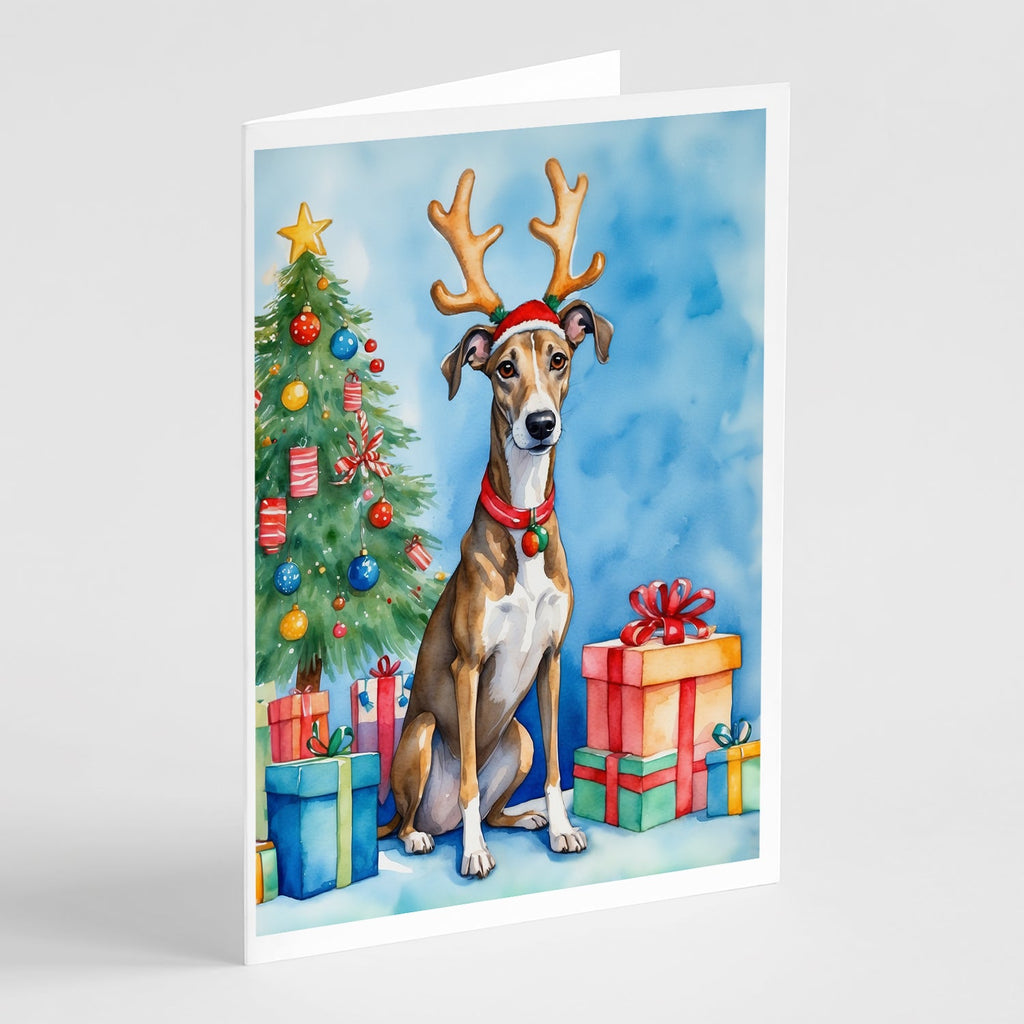 Brindle Greyhound Christmas Reindeer Greeting Cards Pack of 8 Blank Cards with Envelopes Whimsical A7 Size 5x7