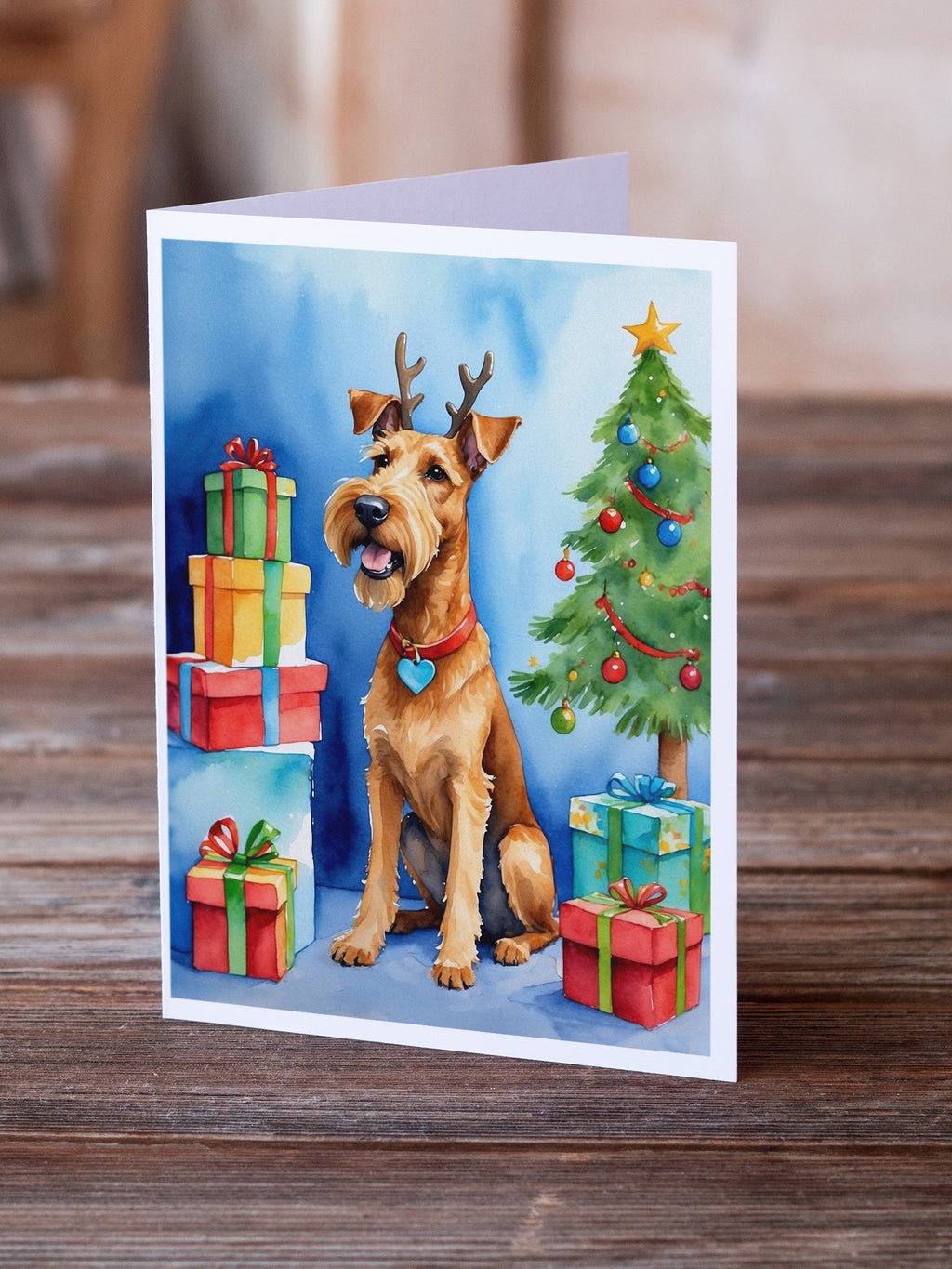 Irish Terrier Christmas Reindeer Greeting Cards Pack of 8 Blank Cards with Envelopes Whimsical A7 Size 5x7