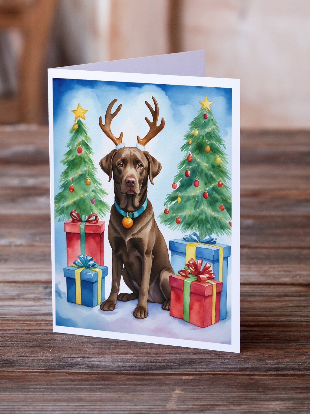 Chocolate Labrador Retriever Christmas Reindeer Greeting Cards Pack of 8 Blank Cards with Envelopes Whimsical A7 Size 5x7