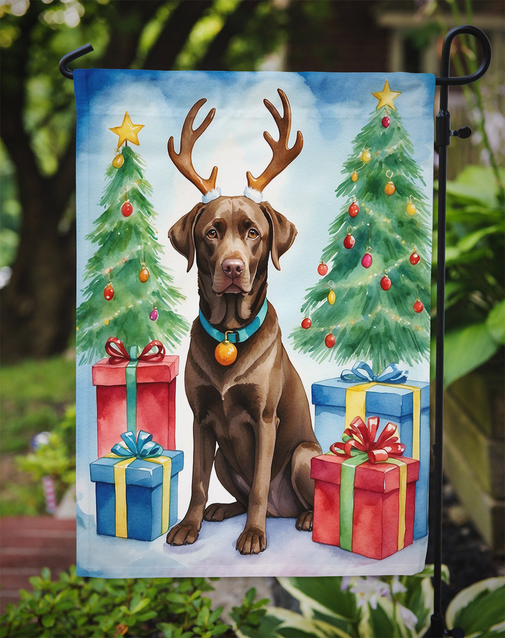 Chocolate Labrador Retriever Christmas Reindeer Garden Flag Mailbox Decorative Yard Banner Outside Patio Artwork for Flower Beds, Garden Size, Multicolor