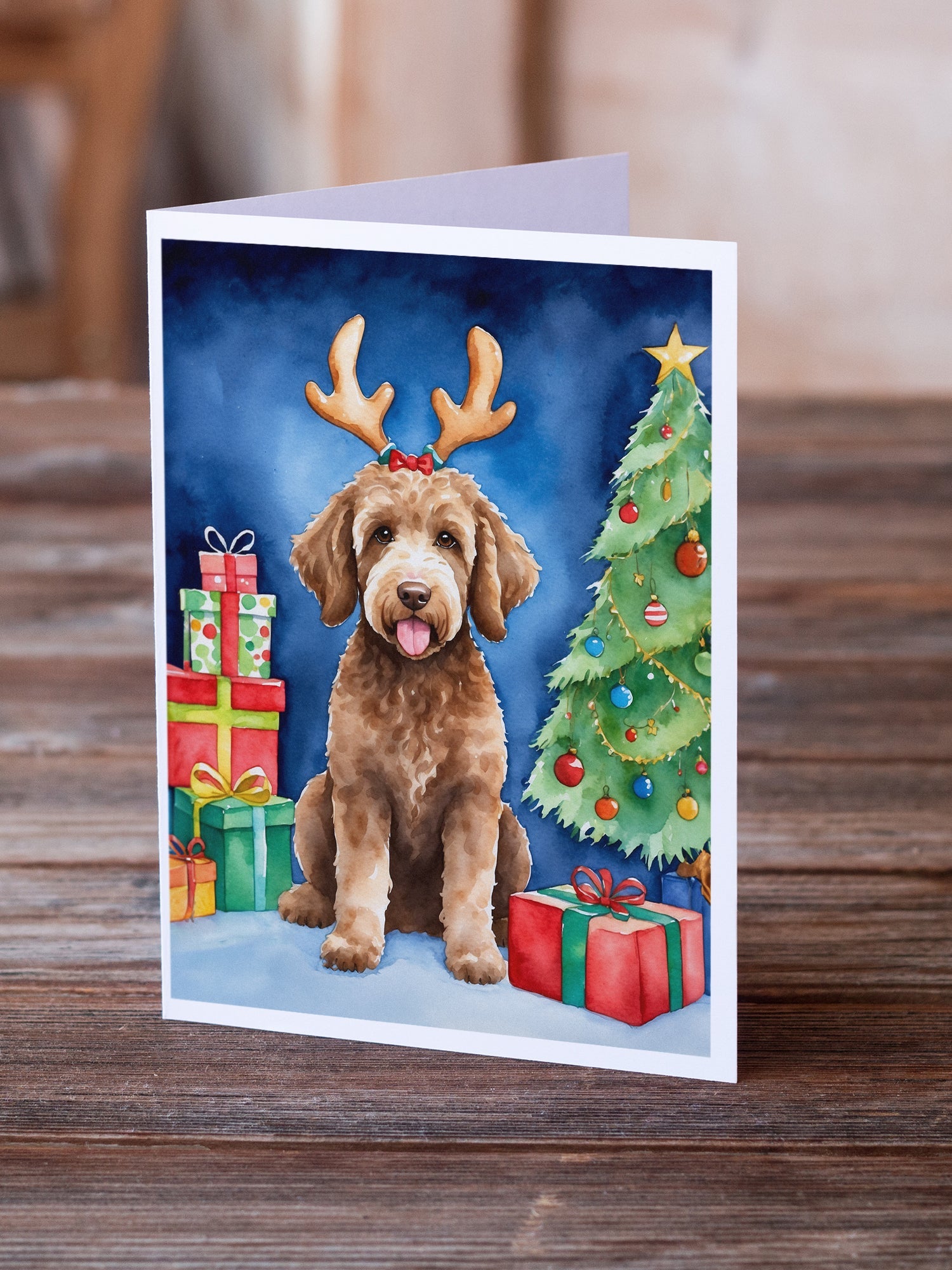 Labradoodle Christmas Reindeer Greeting Cards Pack of 8 Blank Cards with Envelopes Whimsical A7 Size 5x7