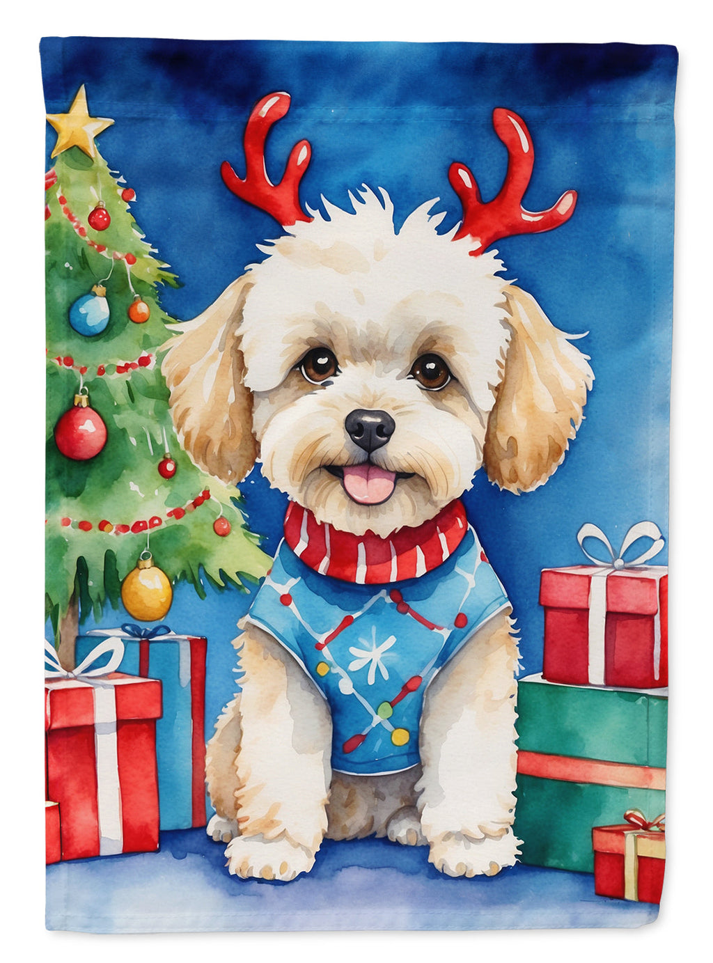Maltipoo Christmas Reindeer House Flag 28x40 Porch Sleeve Pole Decorative Outside Yard Banner Artwork Wall Hanging, Polyester