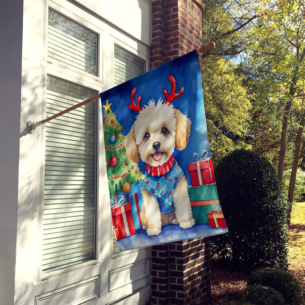 Maltipoo Christmas Reindeer House Flag 28x40 Porch Sleeve Pole Decorative Outside Yard Banner Artwork Wall Hanging, Polyester