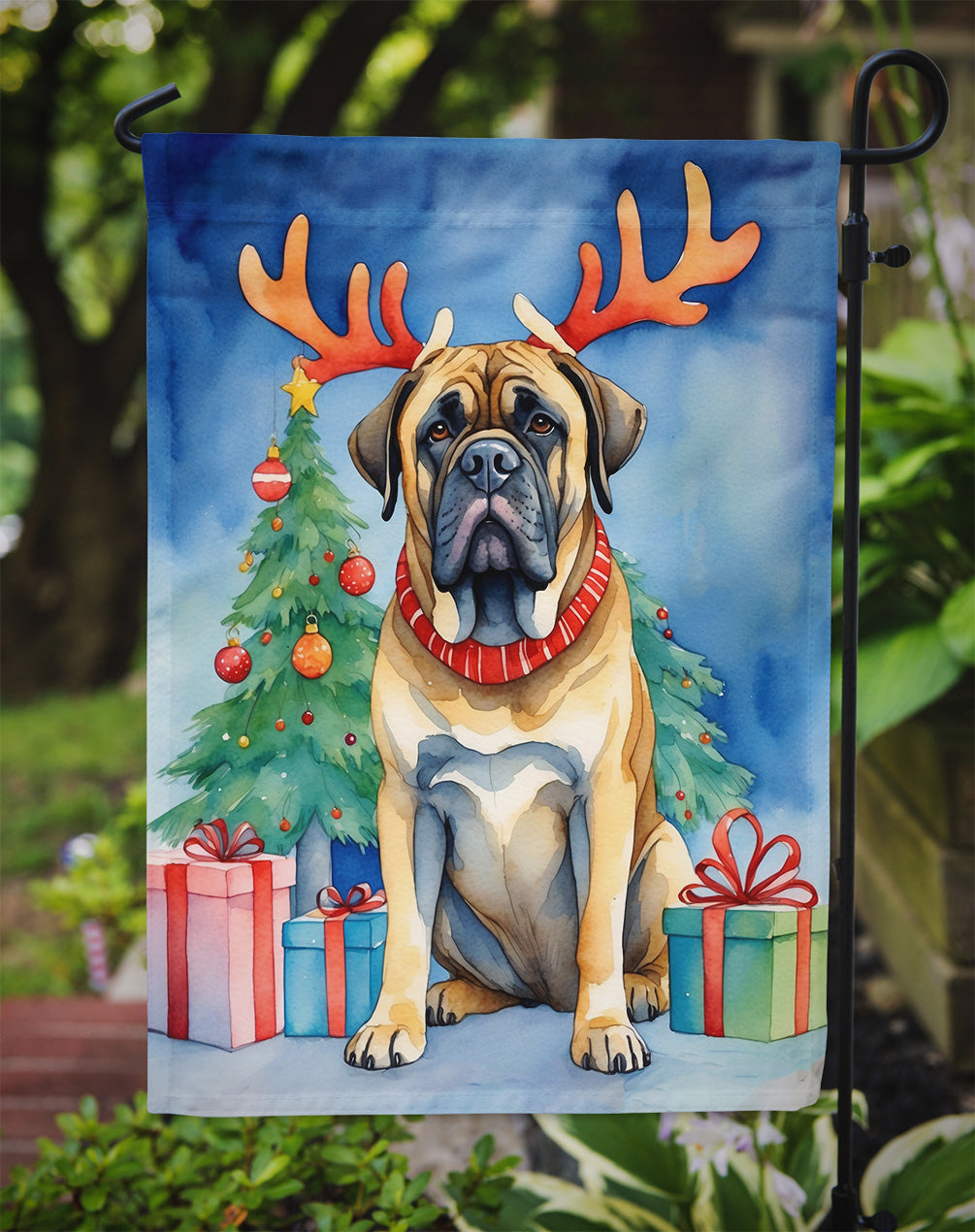Mastiff Christmas Reindeer Garden Flag Mailbox Decorative Yard Banner Outside Patio Artwork for Flower Beds, Garden Size, Multicolor