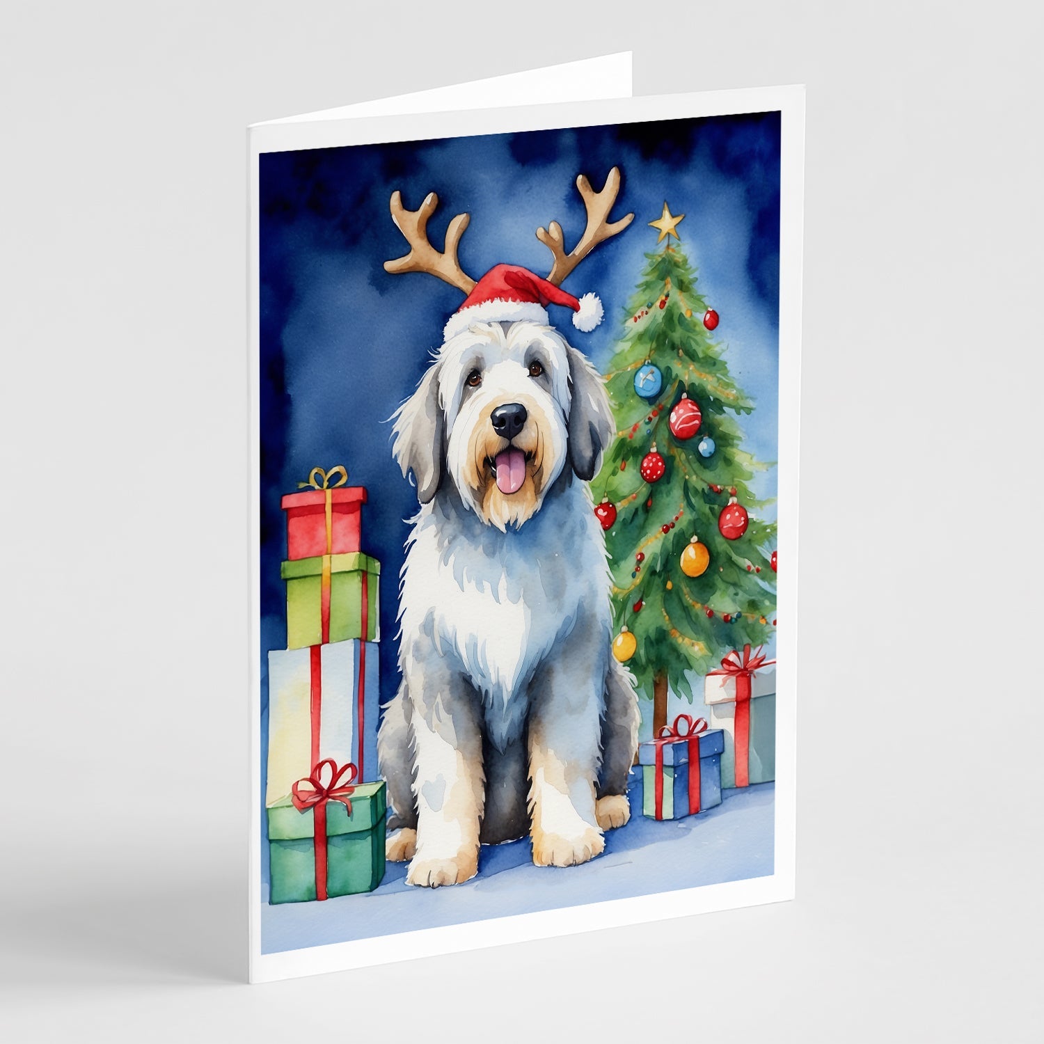 Old English Sheepdog Christmas Reindeer Greeting Cards Pack of 8 Blank Cards with Envelopes Whimsical A7 Size 5x7