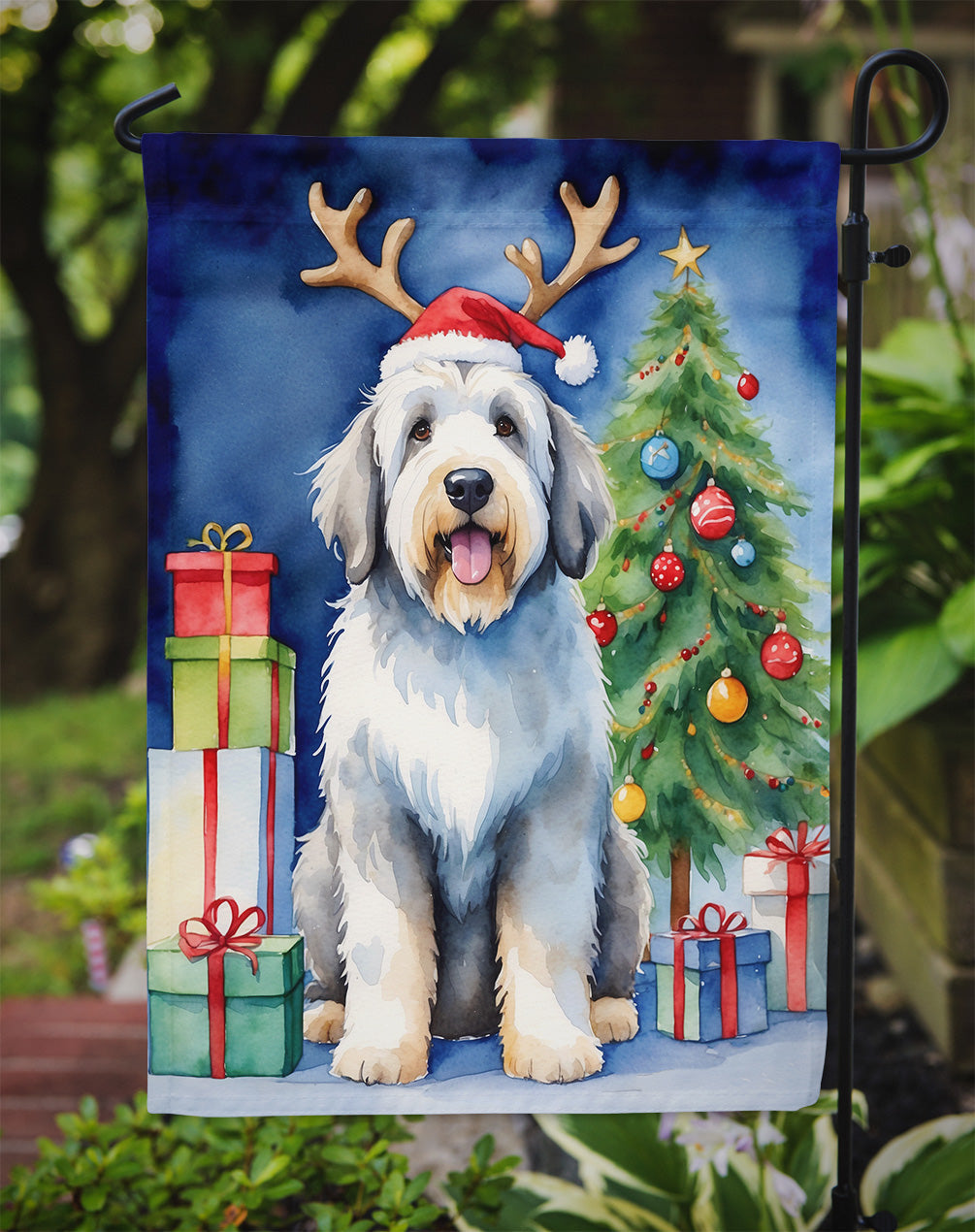 Old English Sheepdog Christmas Reindeer Garden Flag Mailbox Decorative Yard Banner Outside Patio Artwork for Flower Beds, Garden Size, Multicolor