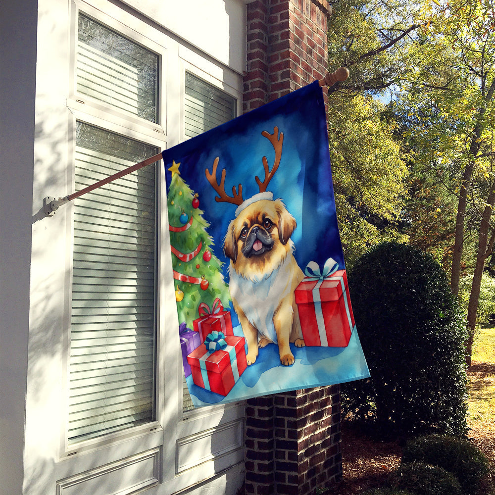 Pekingese Christmas Reindeer House Flag 28x40 Porch Sleeve Pole Decorative Outside Yard Banner Artwork Wall Hanging, Polyester