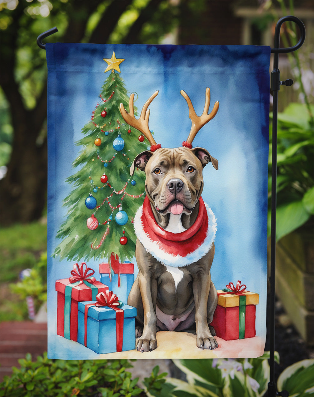 Pit Bull Terrier Christmas Reindeer Garden Flag Mailbox Decorative Yard Banner Outside Patio Artwork for Flower Beds, Garden Size, Multicolor