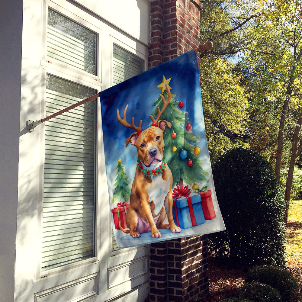Pit Bull Terrier Christmas Reindeer House Flag 28x40 Porch Sleeve Pole Decorative Outside Yard Banner Artwork Wall Hanging, Polyester