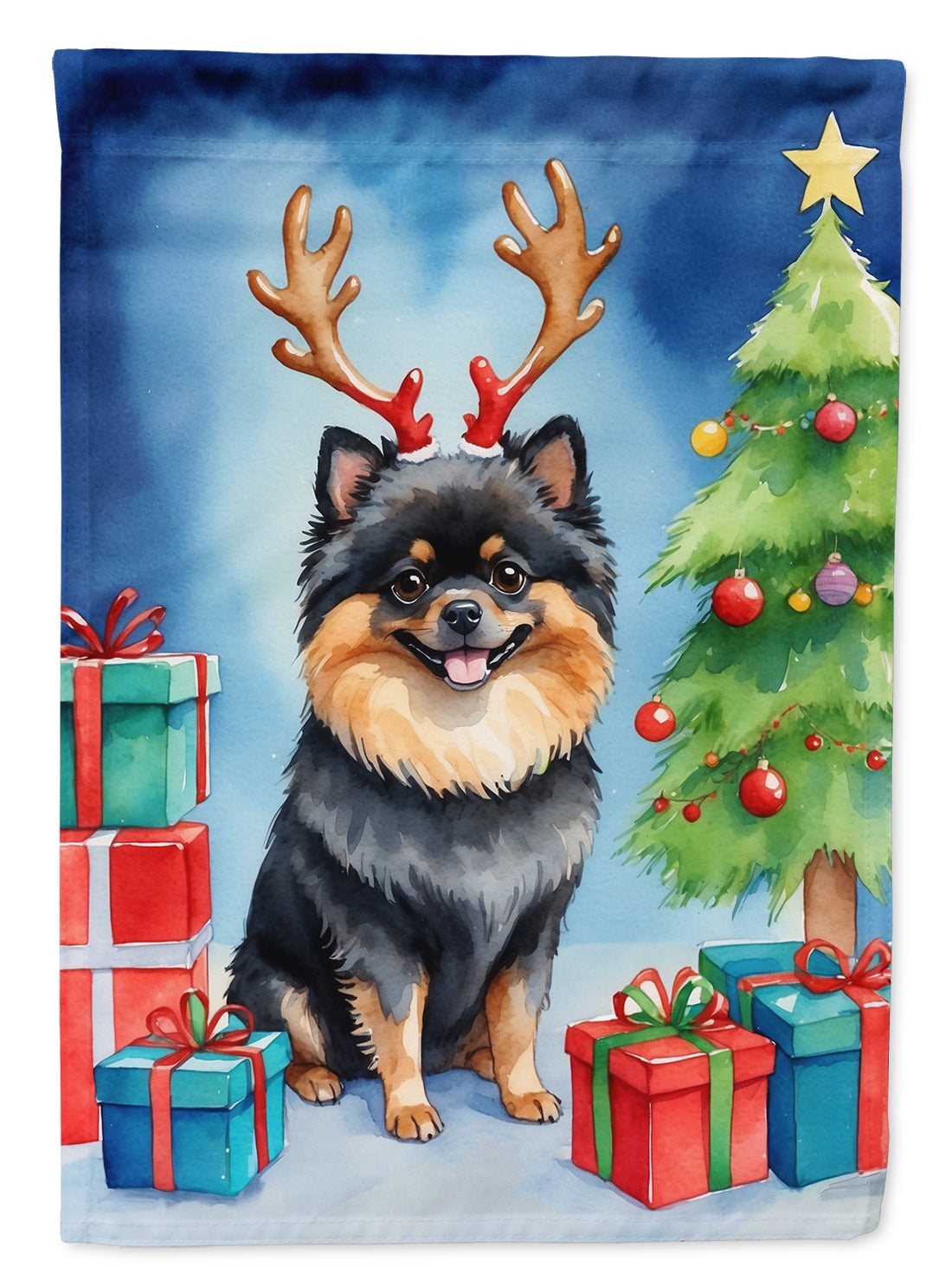 Pomeranian Christmas Reindeer House Flag 28x40 Porch Sleeve Pole Decorative Outside Yard Banner Artwork Wall Hanging, Polyester