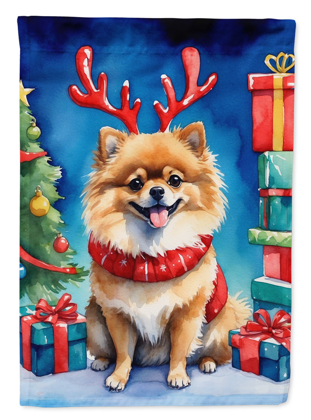 Pomeranian Christmas Reindeer House Flag 28x40 Porch Sleeve Pole Decorative Outside Yard Banner Artwork Wall Hanging, Polyester