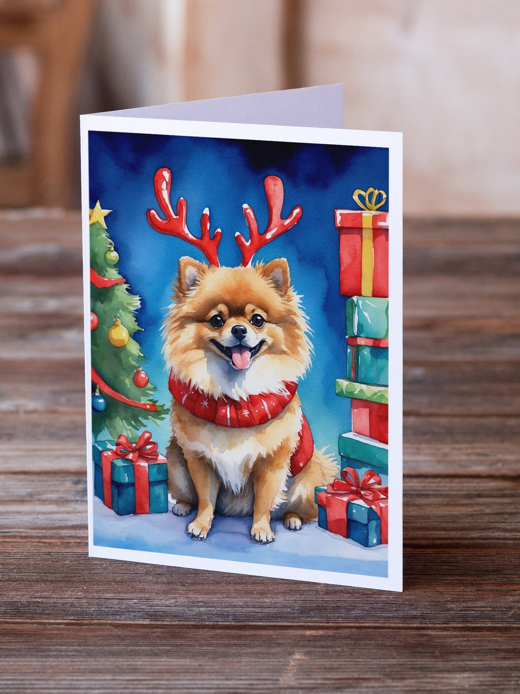 Pomeranian Christmas Reindeer Greeting Cards Pack of 8 Blank Cards with Envelopes Whimsical A7 Size 5x7
