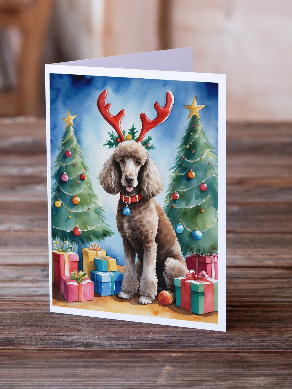 Chocolate Standard Poodle Christmas Reindeer Greeting Cards Pack of 8 Blank Cards with Envelopes Whimsical A7 Size 5x7
