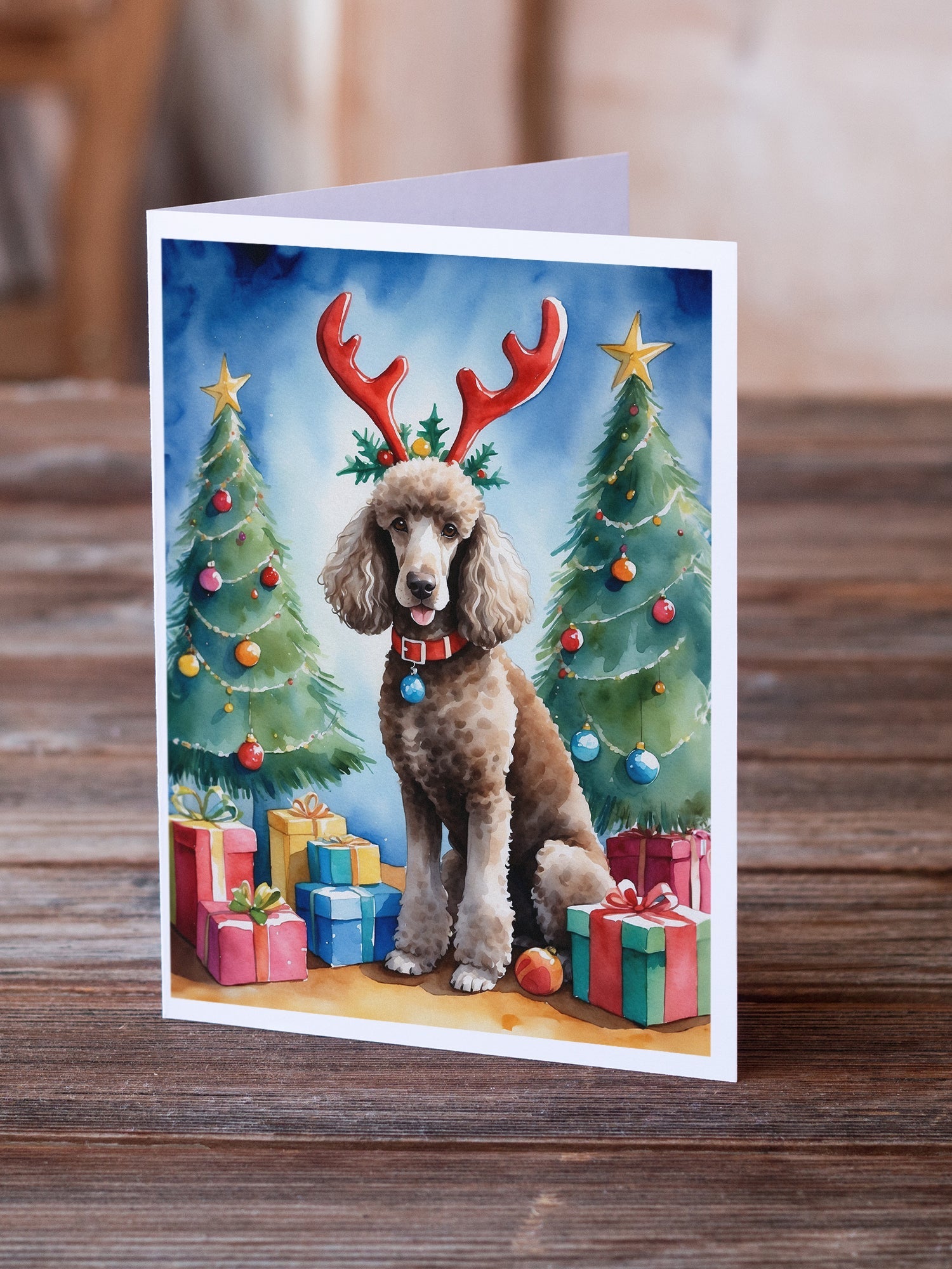 Chocolate Standard Poodle Christmas Reindeer Greeting Cards Pack of 8 Blank Cards with Envelopes Whimsical A7 Size 5x7