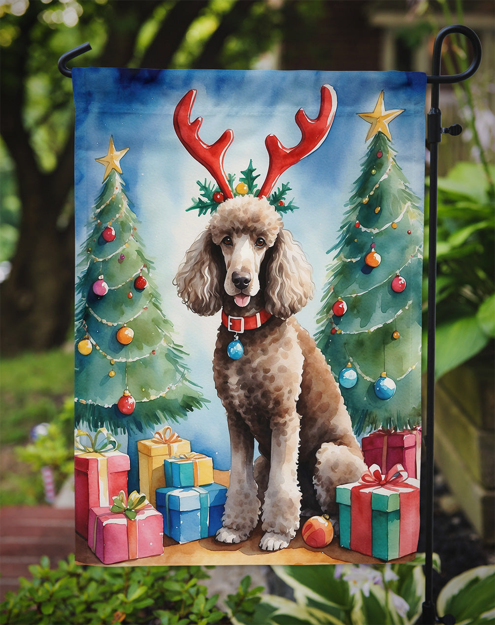 Chocolate Standard Poodle Christmas Reindeer Garden Flag Mailbox Decorative Yard Banner Outside Patio Artwork for Flower Beds, Garden Size, Multicolor