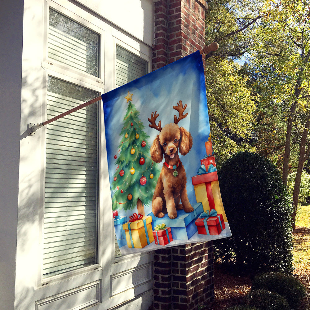 Chocolate Toy Poodle Christmas Reindeer House Flag 28x40 Porch Sleeve Pole Decorative Outside Yard Banner Artwork Wall Hanging, Polyester