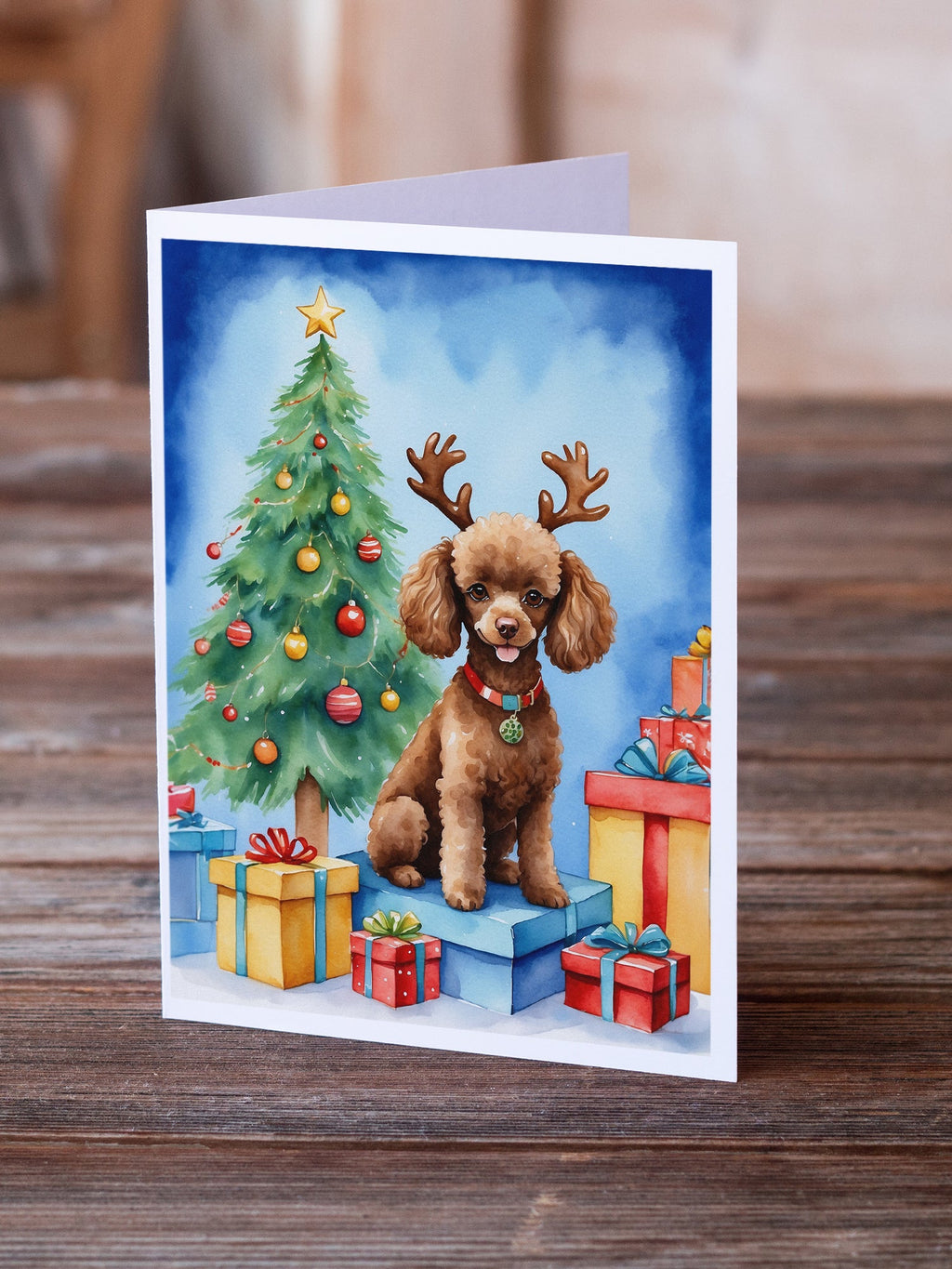 Chocolate Toy Poodle Christmas Reindeer Greeting Cards Pack of 8 Blank Cards with Envelopes Whimsical A7 Size 5x7