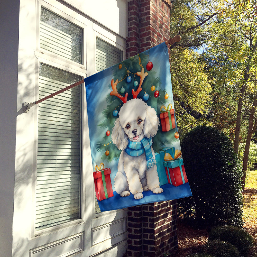 White Toy Poodle Christmas Reindeer House Flag 28x40 Porch Sleeve Pole Decorative Outside Yard Banner Artwork Wall Hanging, Polyester