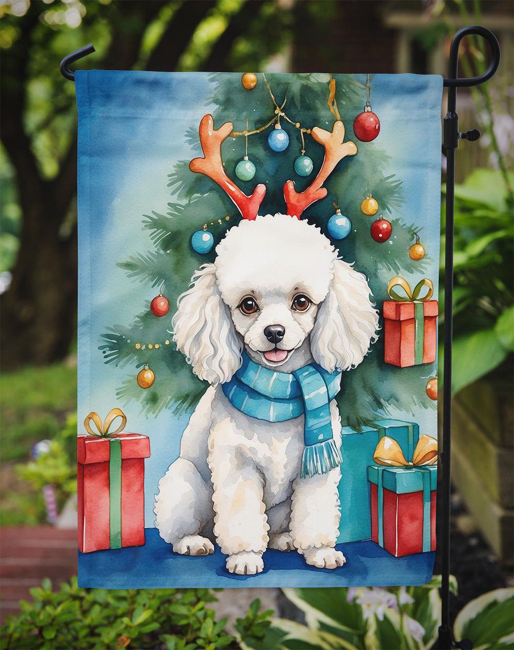 White Toy Poodle Christmas Reindeer Garden Flag Mailbox Decorative Yard Banner Outside Patio Artwork for Flower Beds, Garden Size, Multicolor