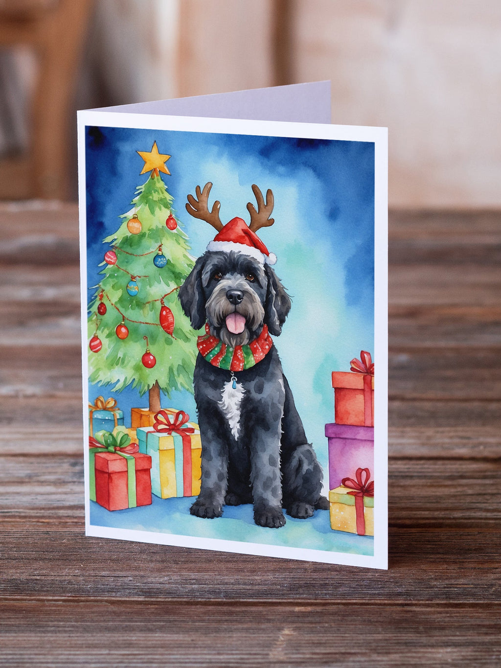 Portuguese Water Dog Christmas Reindeer Greeting Cards Pack of 8 Blank Cards with Envelopes Whimsical A7 Size 5x7