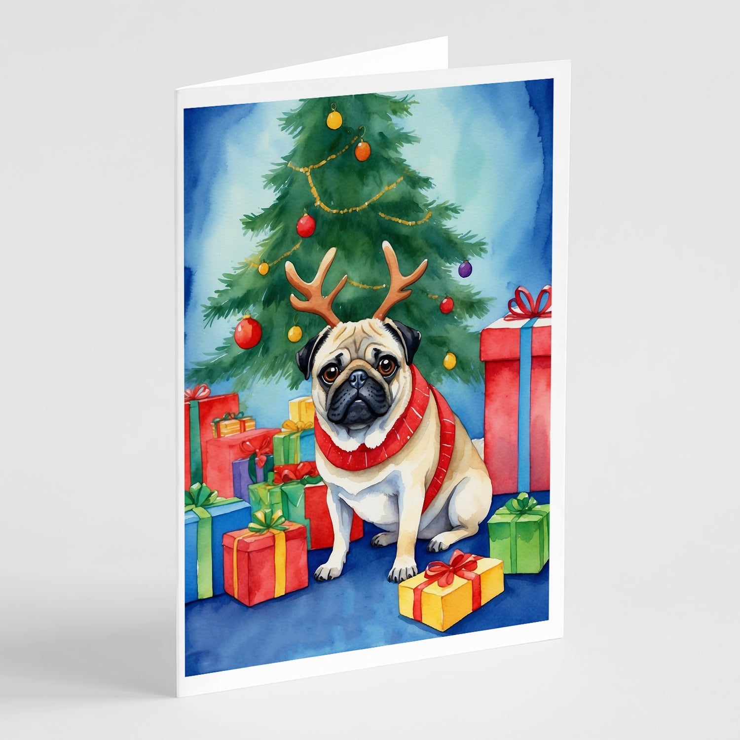 Pug Christmas Reindeer Greeting Cards Pack of 8 Blank Cards with Envelopes Whimsical A7 Size 5x7