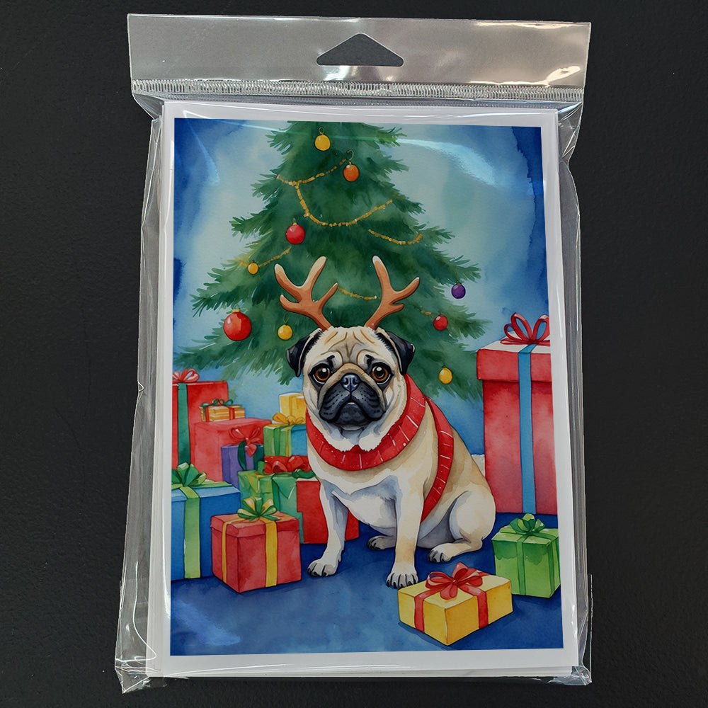 Pug Christmas Reindeer Greeting Cards Pack of 8 Blank Cards with Envelopes Whimsical A7 Size 5x7