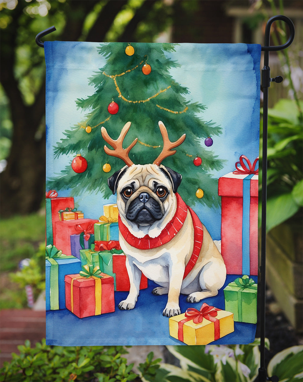 Pug Christmas Reindeer Garden Flag Mailbox Decorative Yard Banner Outside Patio Artwork for Flower Beds, Garden Size, Multicolor