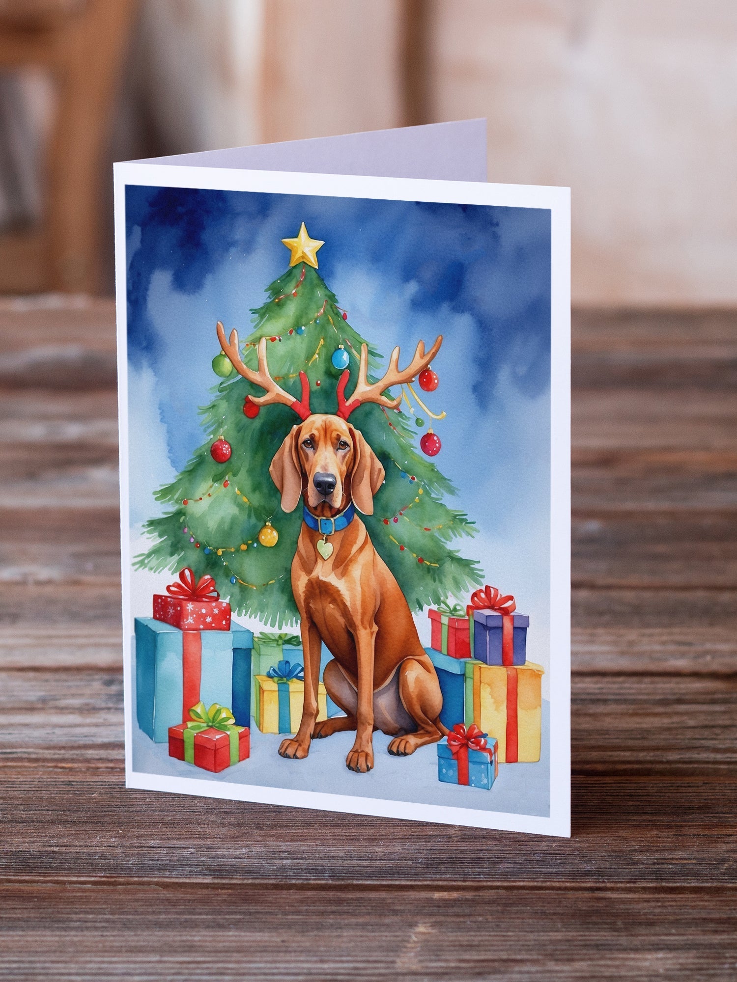 Redbone Coonhound Christmas Reindeer Greeting Cards Pack of 8 Blank Cards with Envelopes Whimsical A7 Size 5x7