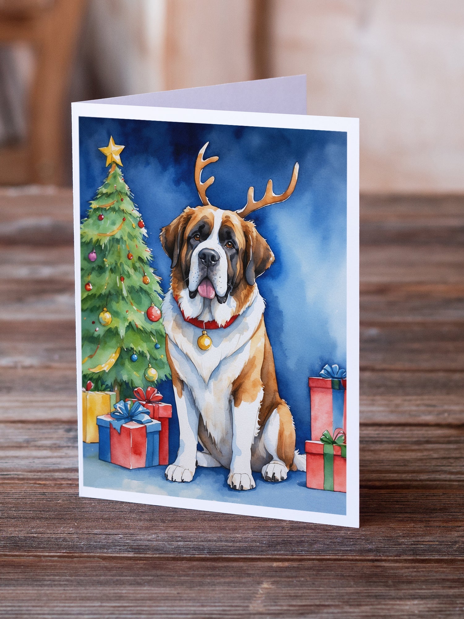 Saint Bernard Christmas Reindeer Greeting Cards Pack of 8 Blank Cards with Envelopes Whimsical A7 Size 5x7