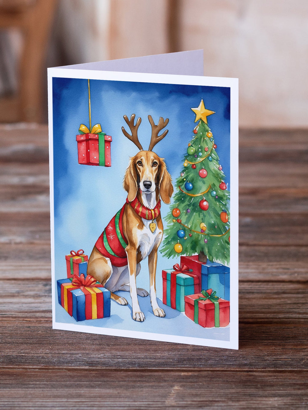 Saluki Christmas Reindeer Greeting Cards Pack of 8 Blank Cards with Envelopes Whimsical A7 Size 5x7
