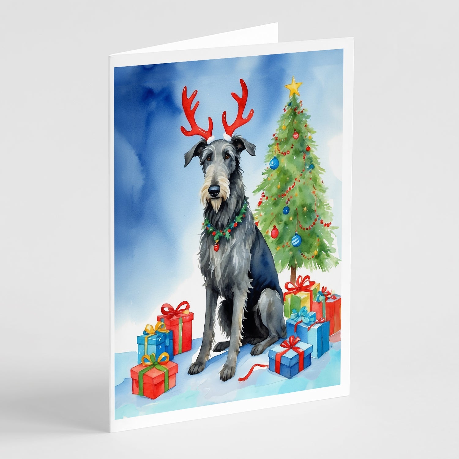 Scottish Deerhound Christmas Reindeer Greeting Cards Pack of 8 Blank Cards with Envelopes Whimsical A7 Size 5x7