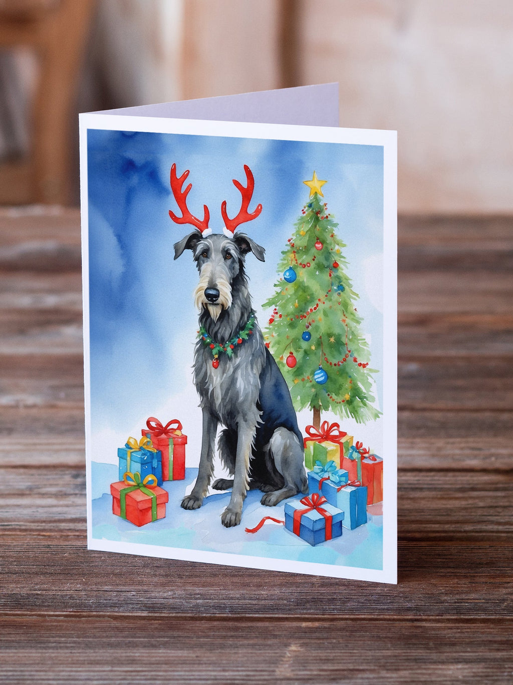 Scottish Deerhound Christmas Reindeer Greeting Cards Pack of 8 Blank Cards with Envelopes Whimsical A7 Size 5x7